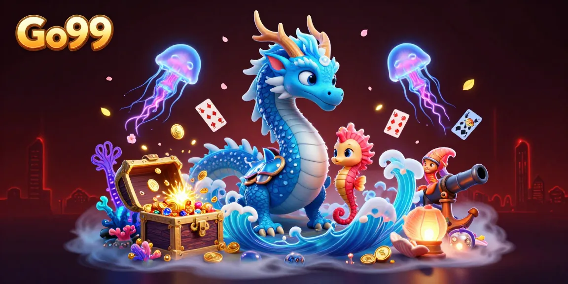 Engage with Go99's amazing games in a vibrant underwater scene featuring a majestic dragon and glowing jellyfish.