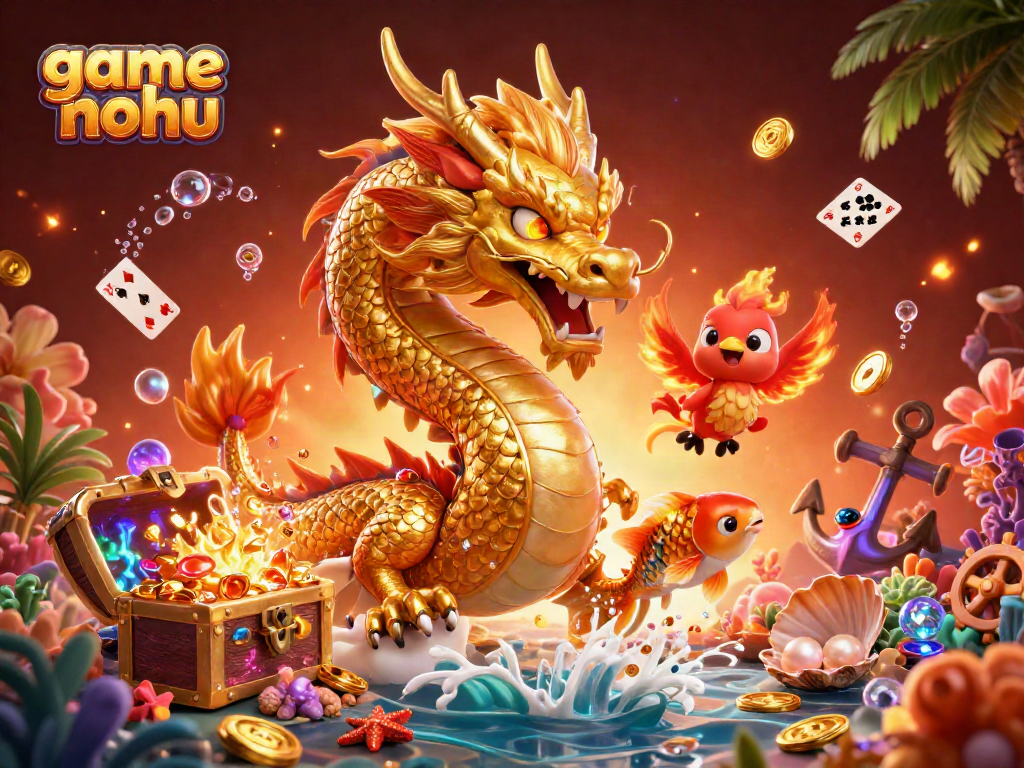 Engage in game nohu with vibrant visuals of a dragon, phoenix, and koi fish amidst treasure.