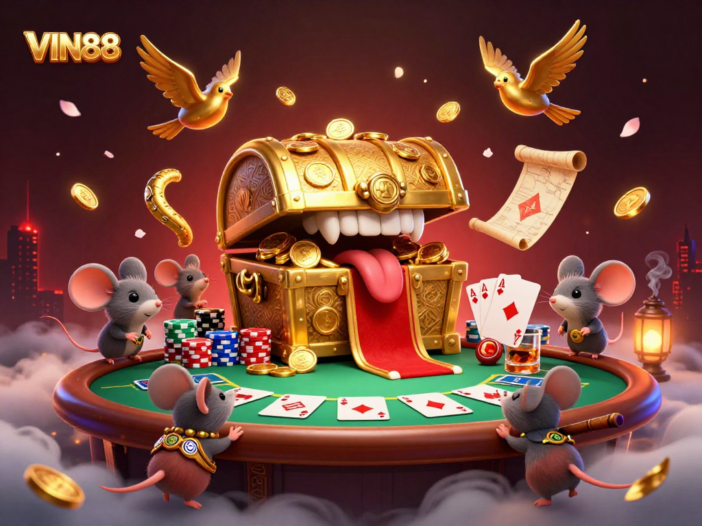 Experience winning at VIN88 with a treasure chest and poker elements amidst a vibrant casino atmosphere.