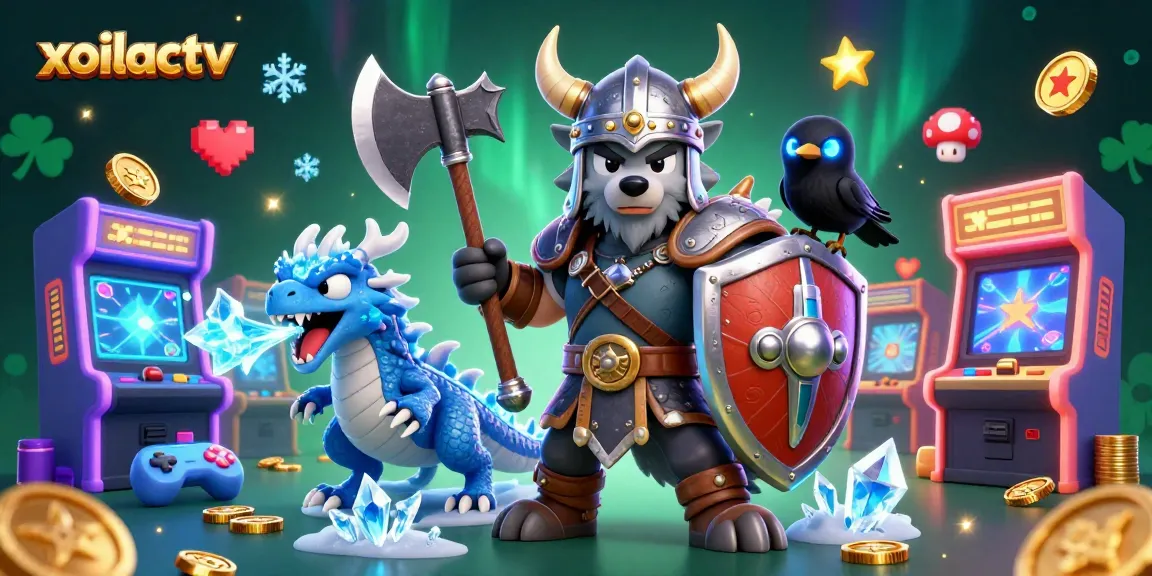Xoilactv brings excitement with a 3D cartoon Viking wolf warrior, fierce dragon, and glowing raven in a casino-gaming scene.