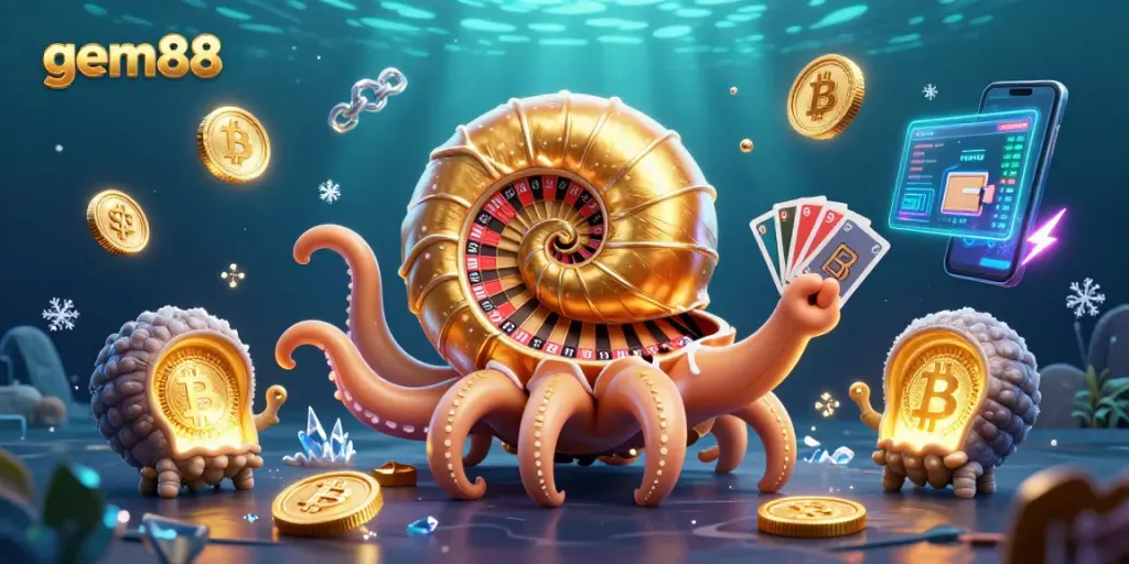Experience the vibrant world of gem88 with a golden nautilus roulette, crypto assets, and stunning visuals.