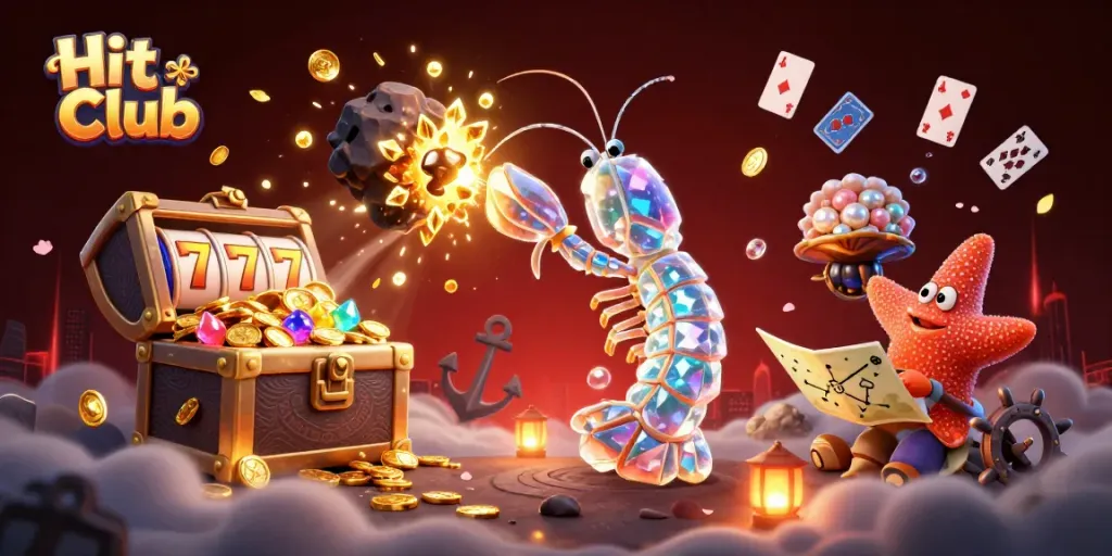 Engage at Hit Club with a vibrant 3D illustration of thrilling jackpot moments and glimmering treasures.