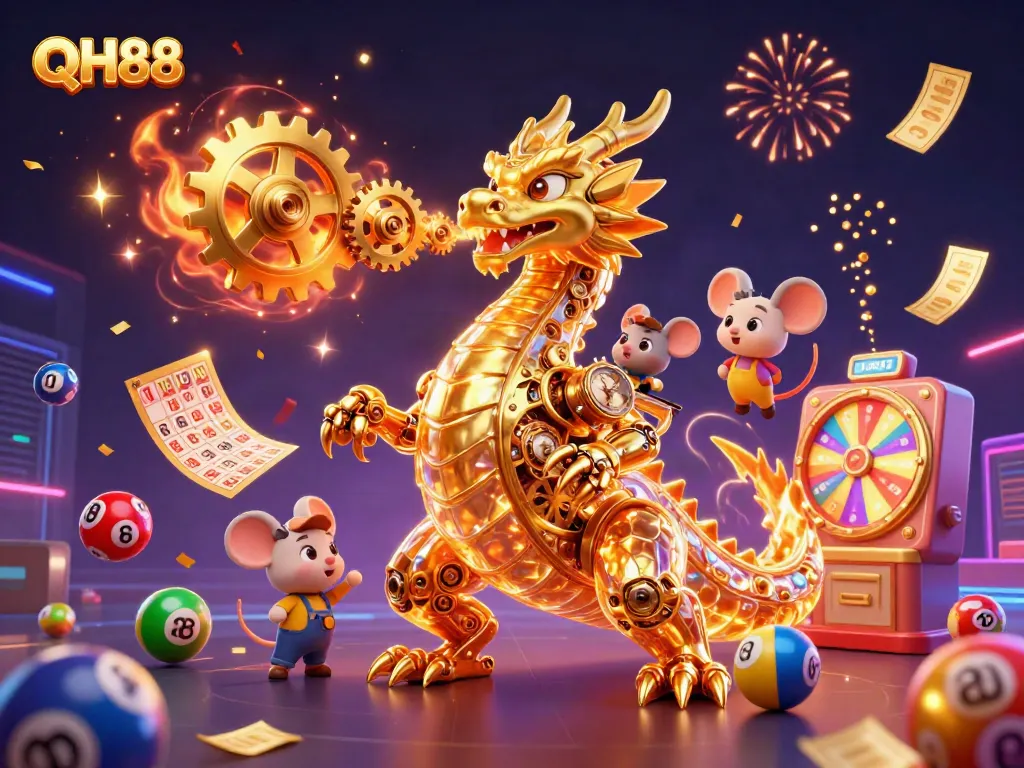 Experience QH88's lively gaming scene with a 3D dragon, ticket rains, and vibrant lottery elements.