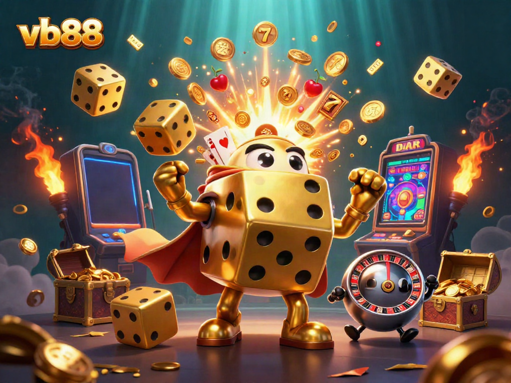 Win big at vb88 with a dynamic 3D casino scene featuring golden dice, a jackpot slot machine, and floating casino symbols.