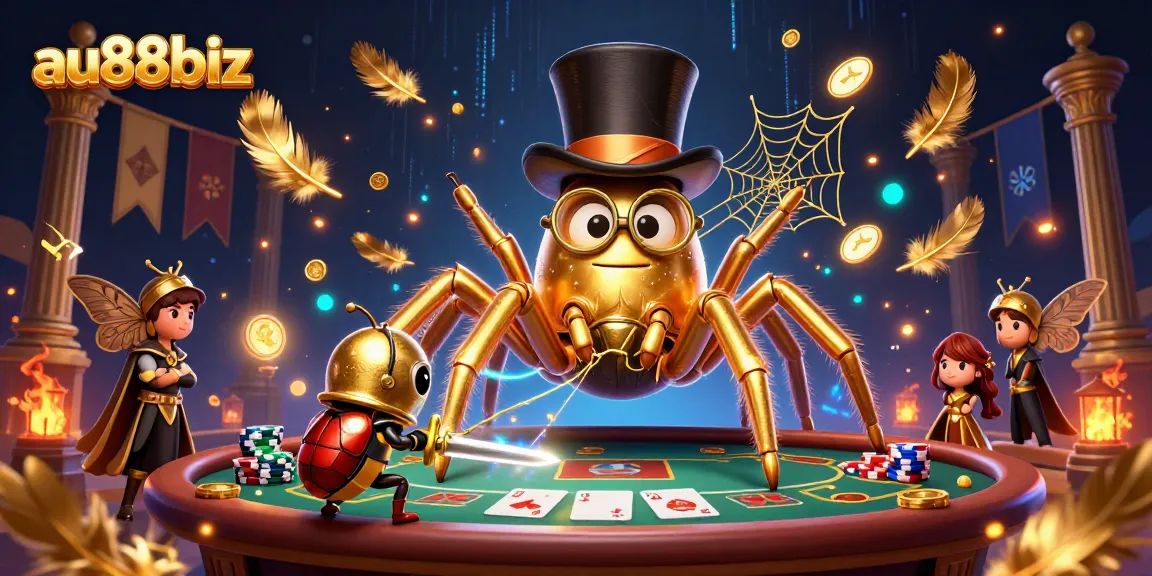 Experience thrilling poker action with au88biz featuring a golden tarantula and beetle knight in a dynamic scene.