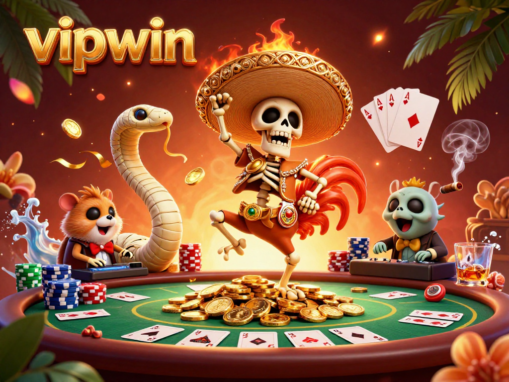 Experience the thrilling excitement of vipwin with dynamic characters celebrating over piles of poker chips.