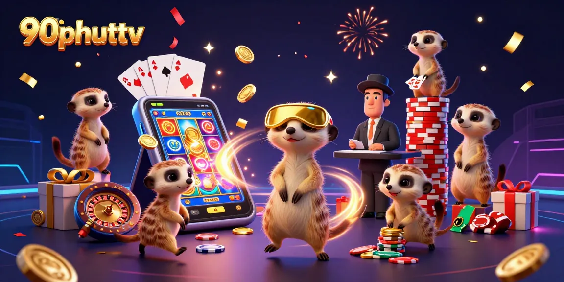Engage with 90phuttv’s vibrant casino atmosphere featuring playful meerkats and dynamic gaming elements.