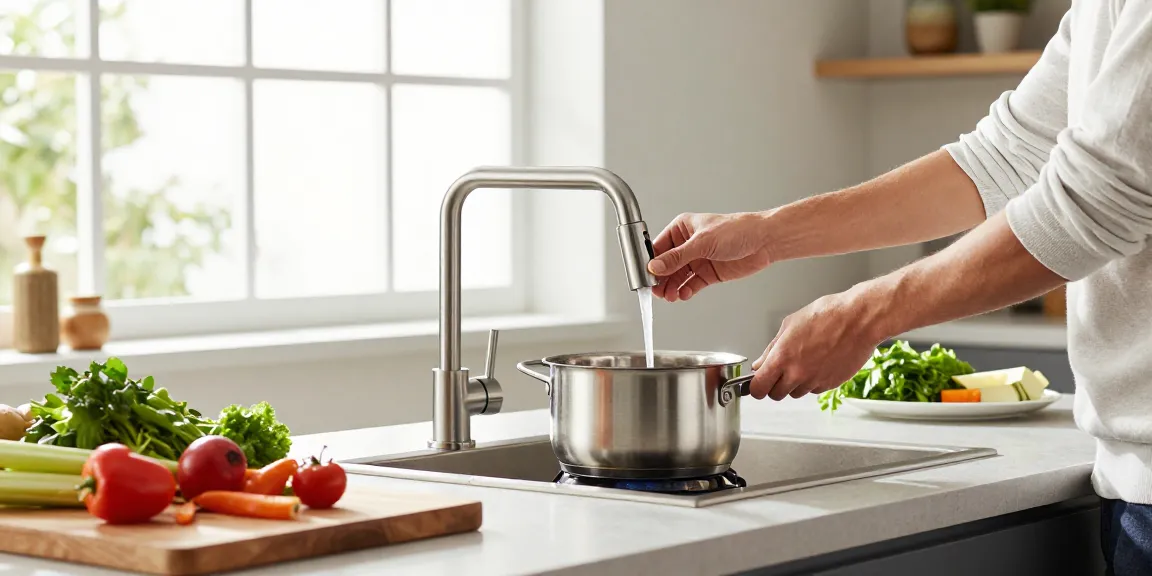 Moderne gunmetal kraan bestellen in een stijlvolle keuken met verse ingrediënten.