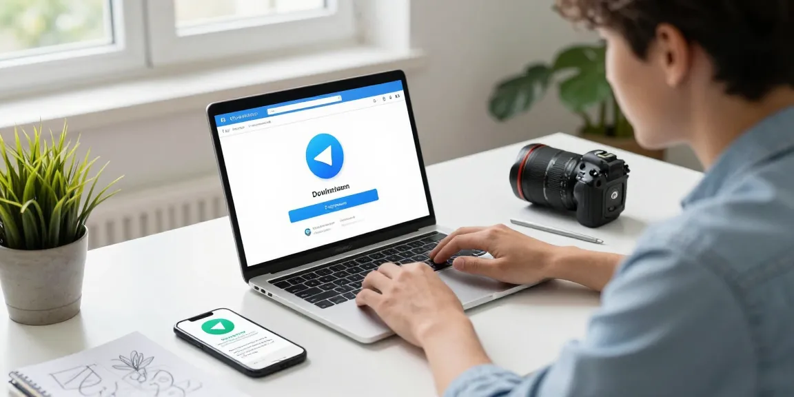 Download Telegram on a laptop in a modern home office, showcasing a young professional engaged in digital communication.
