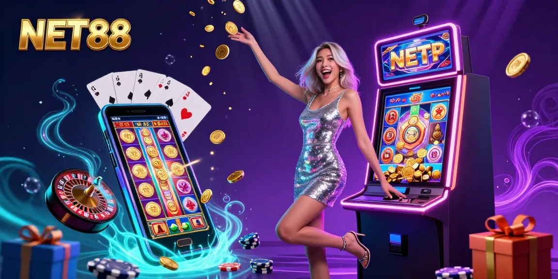 Experience the excitement of NET88 with a vibrant casino scene featuring a jackpot celebration.