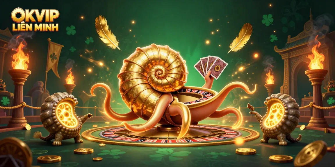 Engage with the dynamic gaming scene featuring OKVIP LIÊN MINH, showcasing a giant nautilus roulette wheel.