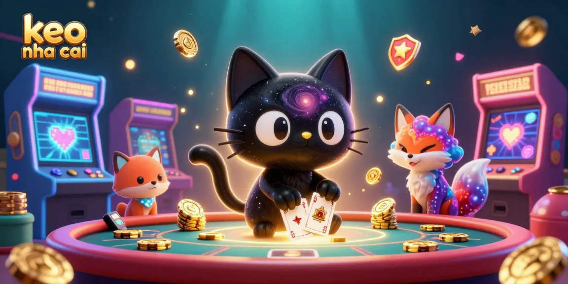 Engage with keo nha cai at a cosmic casino with a black hole cat and vibrant gaming elements.