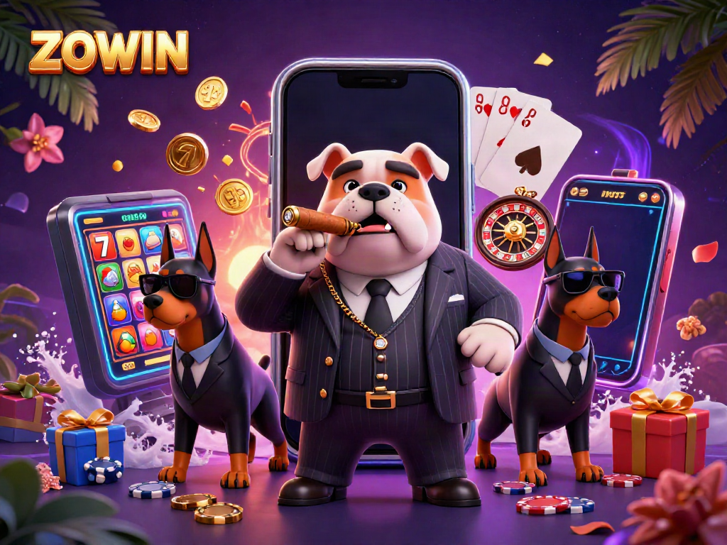 ZOWIN showcases thrilling slot games with a mafia bulldog boss and dynamic casino elements.
