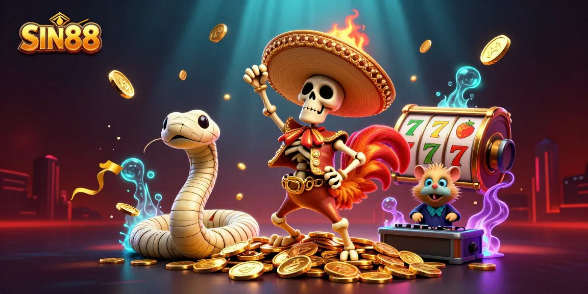 SIN88 presents a vibrant scene with a dancing mariachi rooster and casino elements embodying excitement.