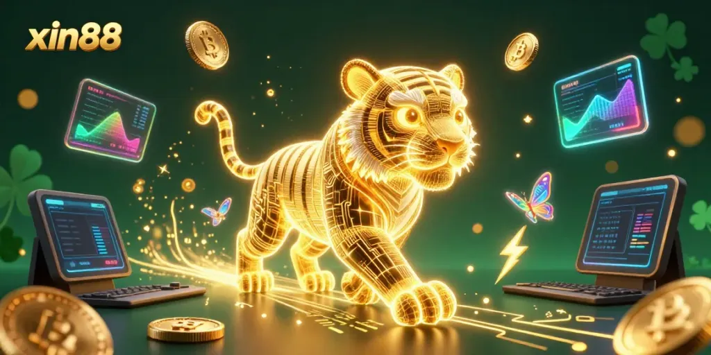 Experience the thrill of xin88 in a vibrant digital casino scene with a golden tiger and crypto coins.