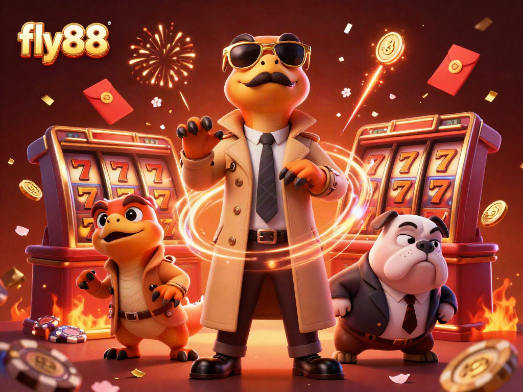 Experience fly88 action as playful raptors try to sneak into a VIP casino, surrounded by vibrant celebrations.