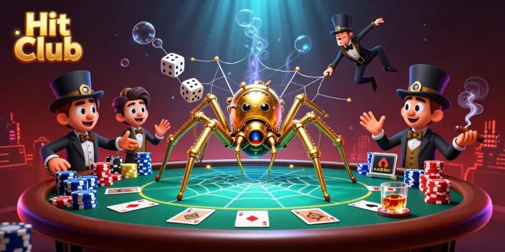 Engaging Hit Club image showcasing a steampunk spider and poker elements in a rich casino setting.