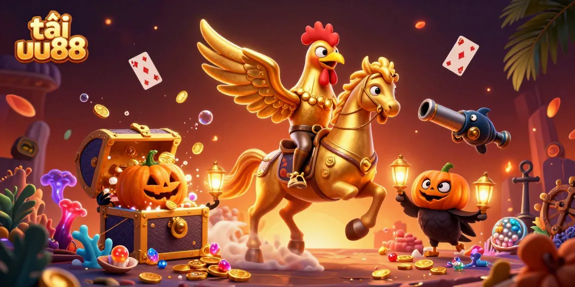 Engage with the thrill and excitement of tải uu88 in this detailed 3D casino scene, featuring a golden rooster and companions.