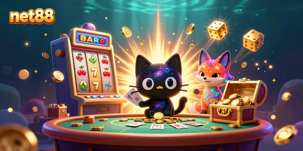 Engaging net88 casino scene with a black hole cat and colorful fox using jackpot slot machines, creating a galaxy of fun.