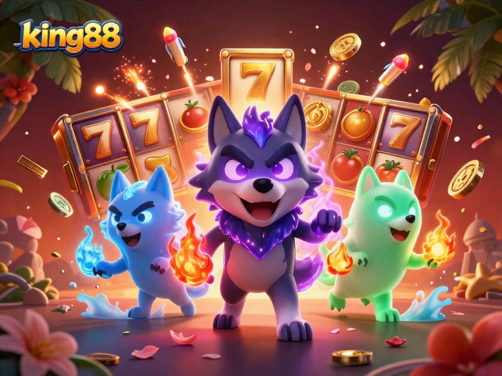 Engage in thrilling moments with king88 featuring a spectral wolf leader amidst vibrant slot elements.