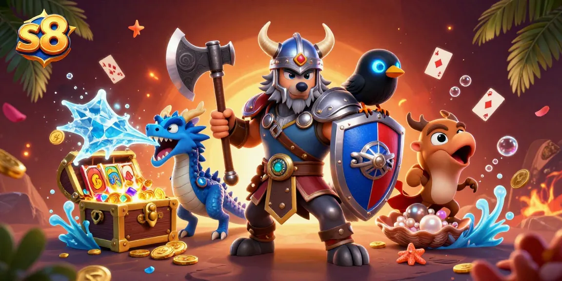 S8 online casino scene featuring a Viking warrior and a dragon highlighting exciting gaming action.