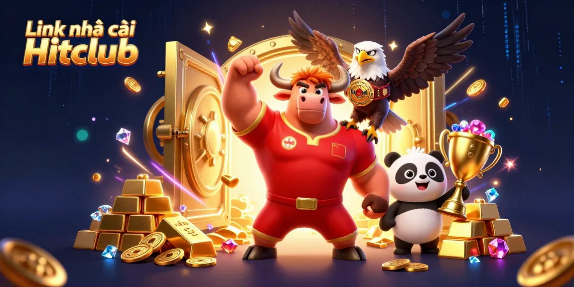 Engage with the excitement at Link nhà cái Hitclub featuring a victorious mascot, gems, and rich casino elements.