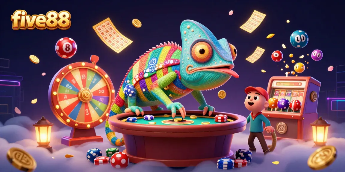 Experience the exciting world of five88 with a vibrant and colorful casino illustration showcasing a chameleon casino owner.