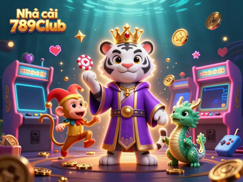 Engage with Nhà cái 789Club as a majestic tiger, jester monkey, and jade dragon dominate a dazzling casino scene.