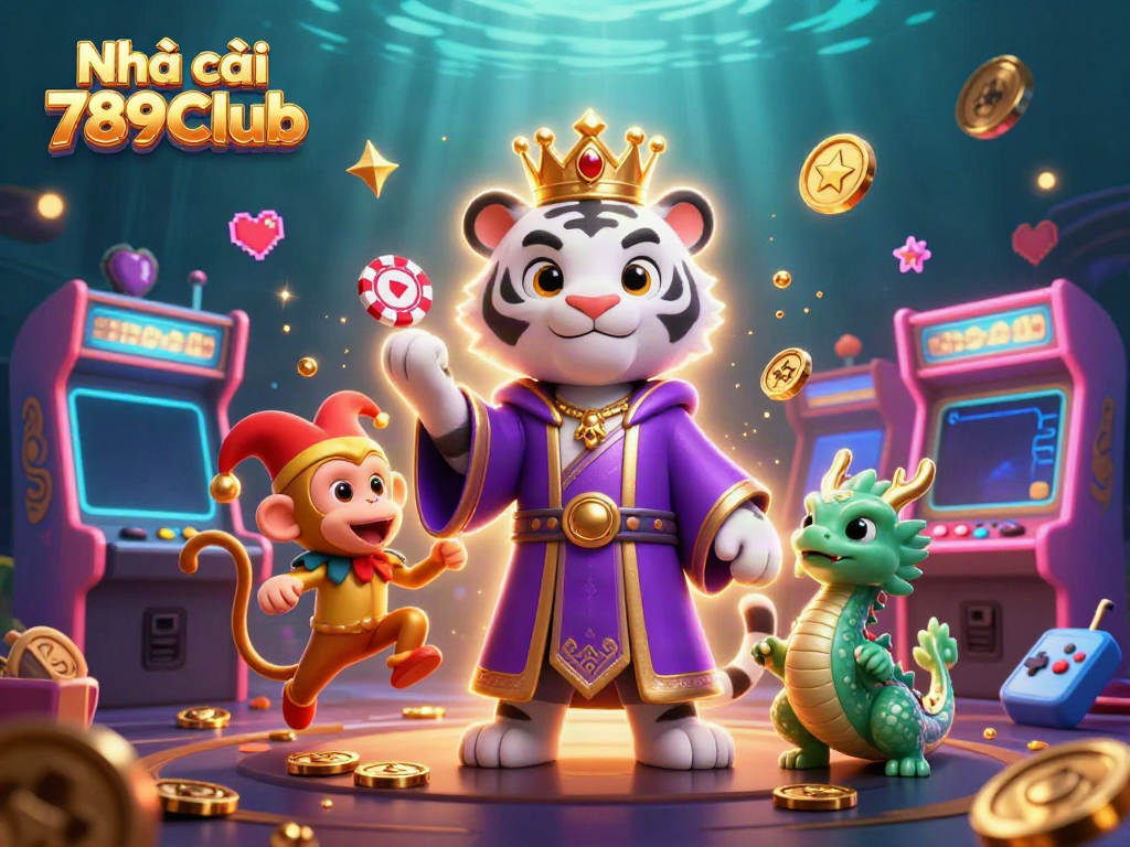 Engage with Nhà cái 789Club as a majestic tiger, jester monkey, and jade dragon dominate a dazzling casino scene.