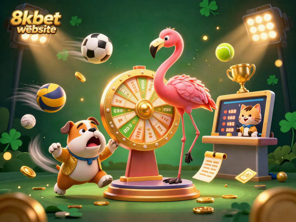 Engage with the 8xbet website in a vibrant casino scene featuring a game show host and dynamic sports elements.
