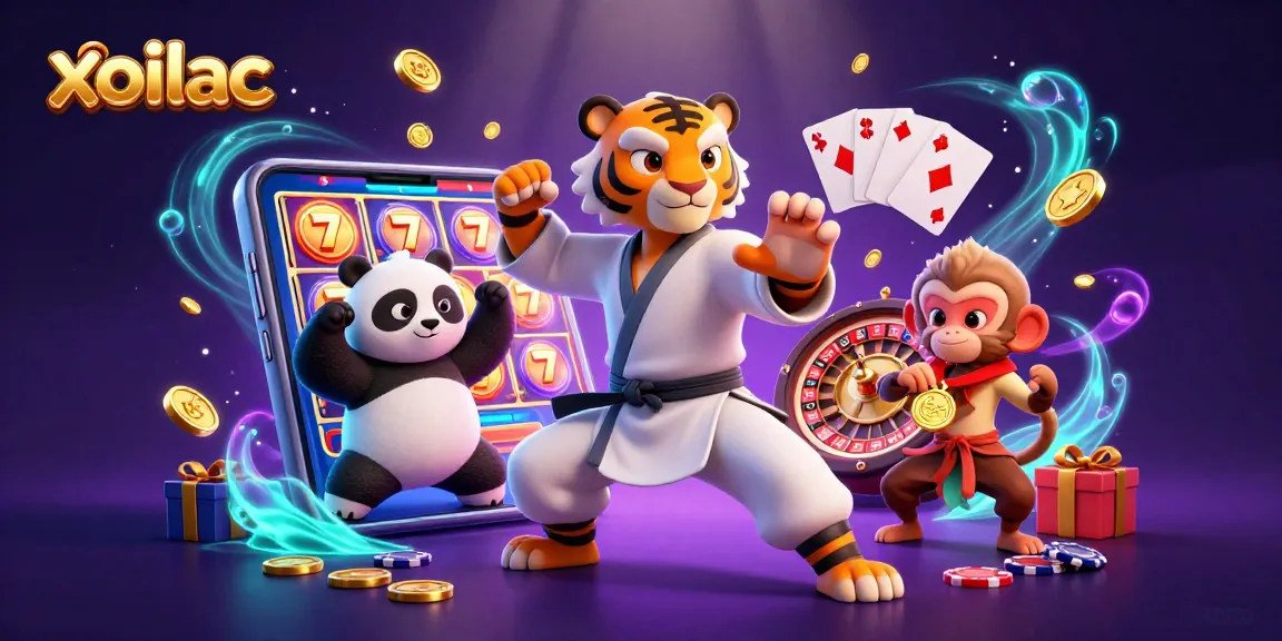 xoilac slots scene with a kung fu tiger, panda, and monkey showcasing vibrant casino elements.