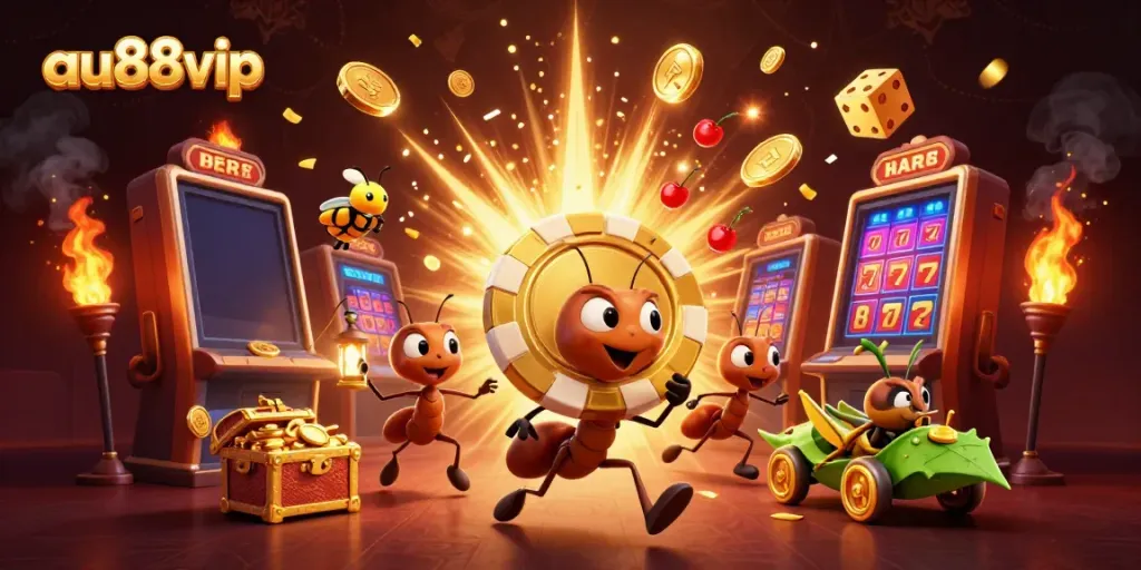 Ants execute a heist with a giant poker chip at au88vip, surrounded by casino treasures.