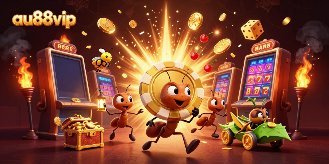 Ants execute a heist with a giant poker chip at au88vip, surrounded by casino treasures.