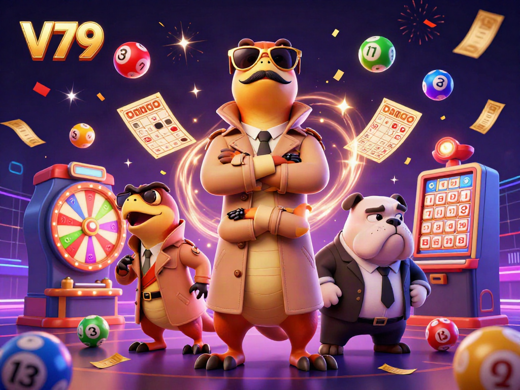 Engage in thrilling gameplay at V79 with vibrant 3D cartoon illustration of raptors entering a VIP casino lounge.