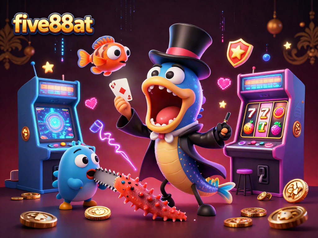 Engage with five88at's vibrant casino experience featuring animated characters and classic gaming elements.