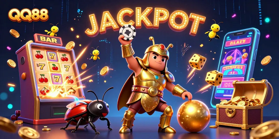 Experience excitement with QQ88 as the illustration captures a victorious beetle amidst casino elements.