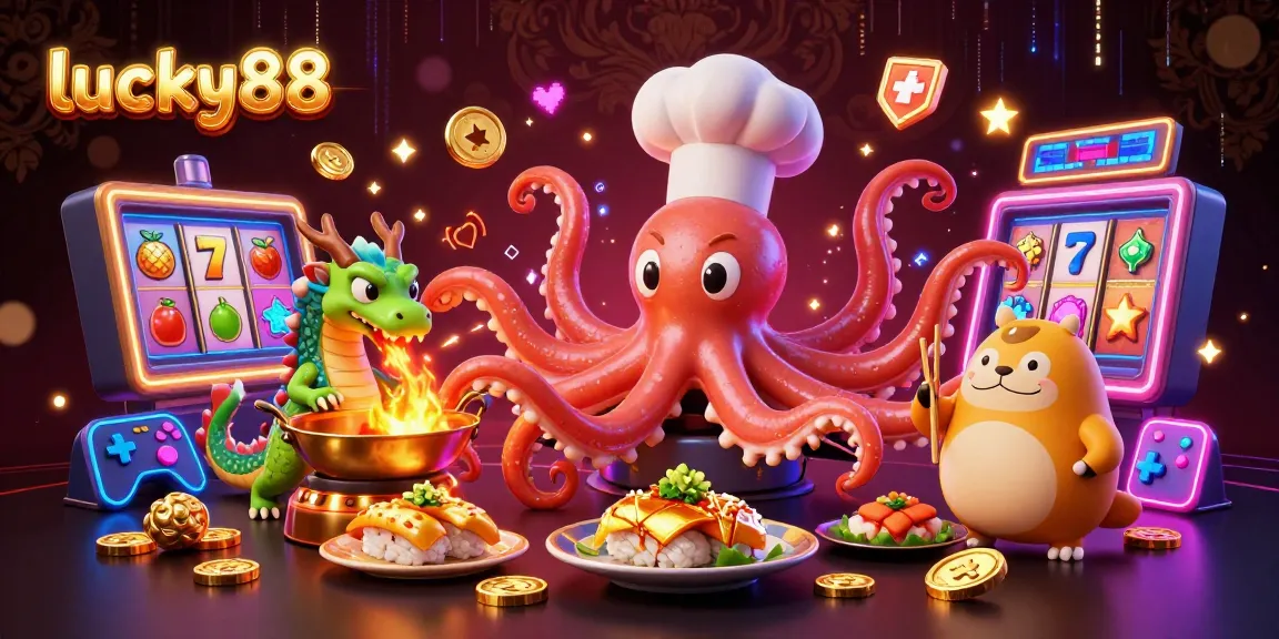 Spin lucky88 slots and enjoy vibrant fun with an octopus chef and dragon at a casino!