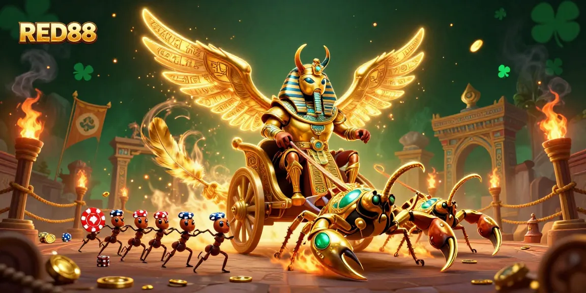 Experience the thrill of RED88 with a dynamic casino scene featuring a golden scarab beetle, scorpions, and poker chips.