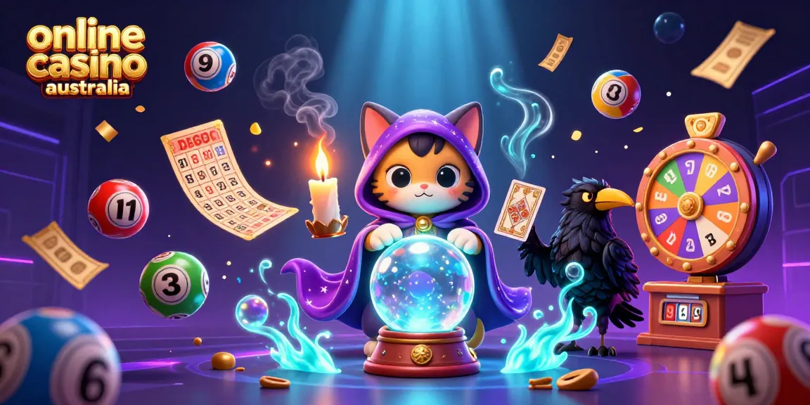 Engaging illustration showcasing online casino australia elements with a mystical cat, tarot raven, and dynamic game features.