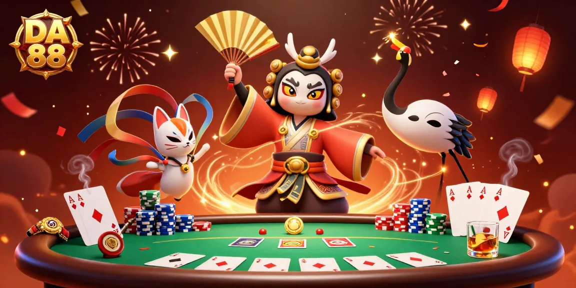 Engage with DA 88's vibrant poker scene featuring a kabuki warrior and kitsune mask.