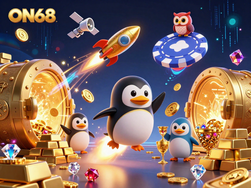 Experience winning at ON68 with a colorful 3D casino adventure featuring a rocket-powered penguin and treasure.
