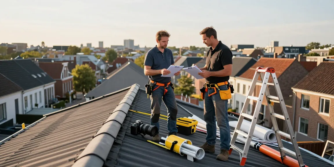 Expert dakdekker den haag evaluating a rooftop while showcasing essential roofing tools and Den Haag's skyline.