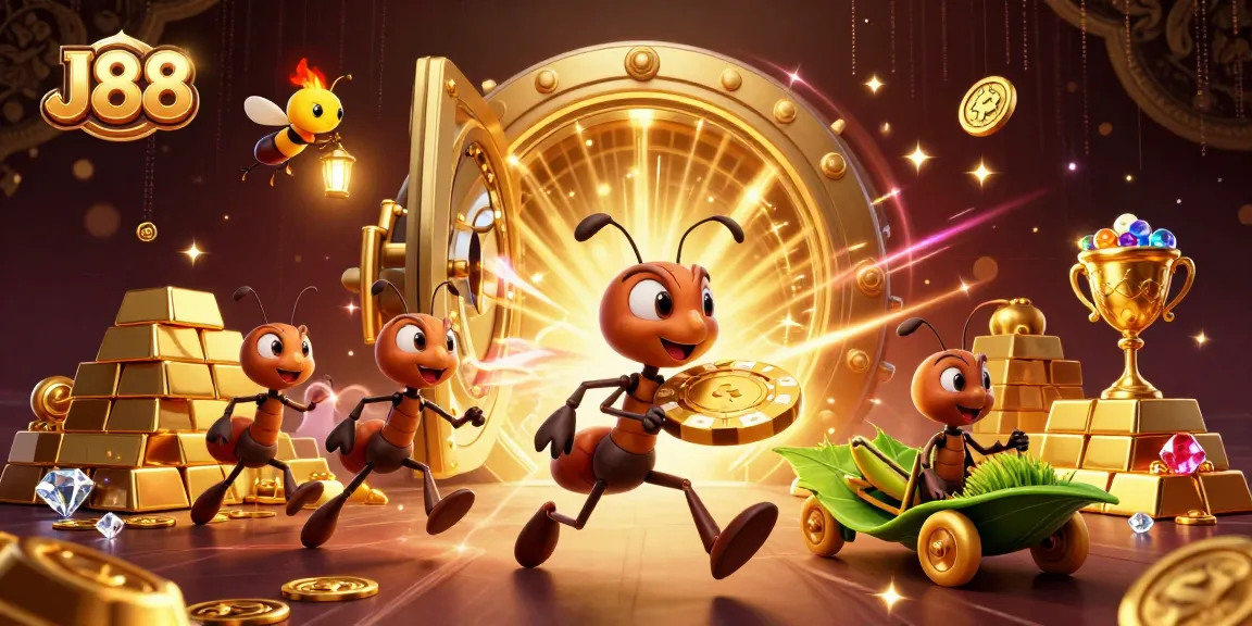 J88 heist illustration with ants and poker chip, capturing the thrill of casino adventures.