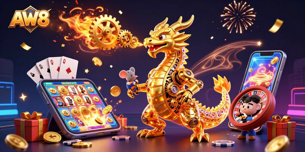 Engage with AW8's stunning casino experience featuring a golden dragon and vibrant game elements.