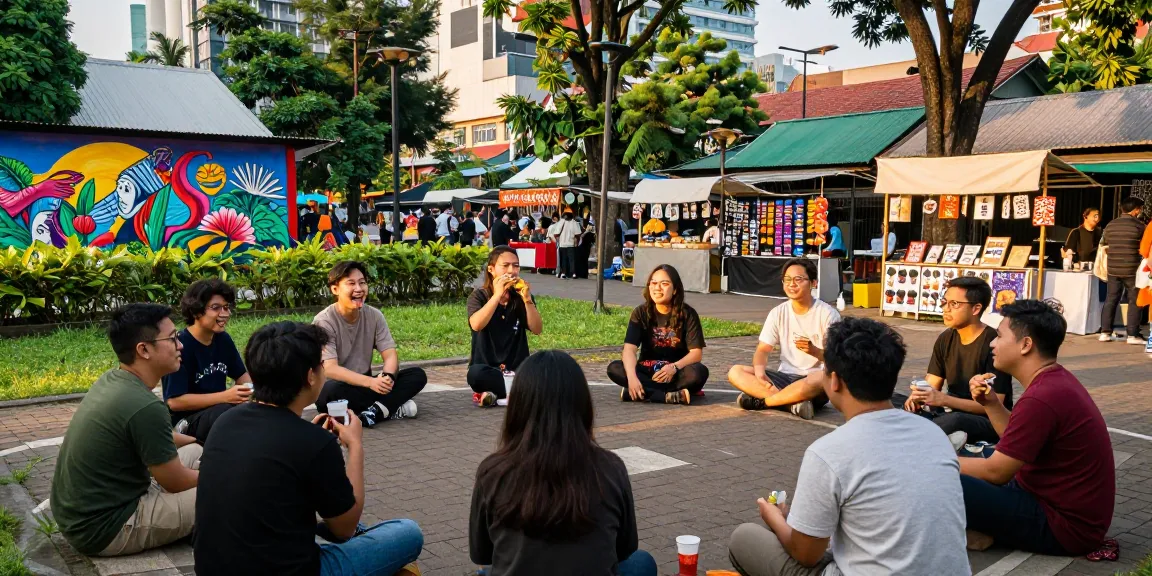 Engaging outdoor scene in Jakarta with friends enjoying local street culture and community spirit, focused on tisu4d activities.