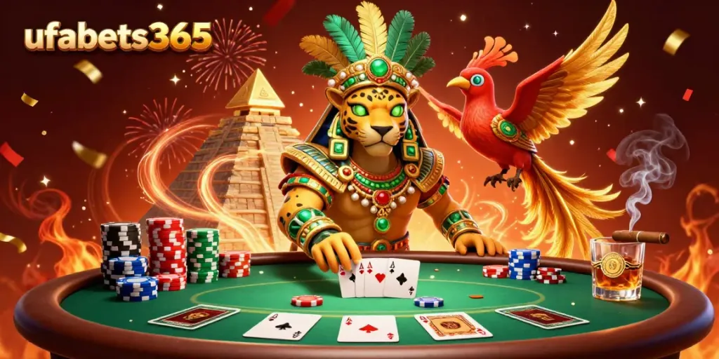 Play and win with ufabets365 at a captivating Mayan-themed casino scene featuring poker elements.