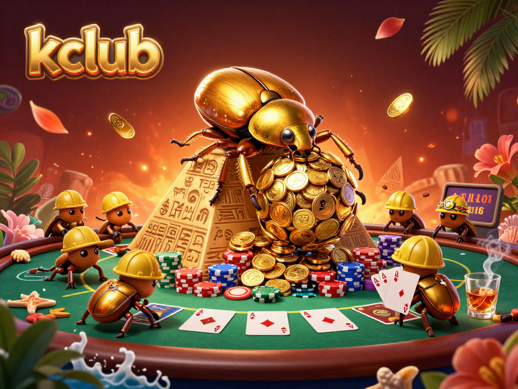 kclub offers a thrilling casino experience with 3D-style beetles and golden coins in a vibrant atmosphere.