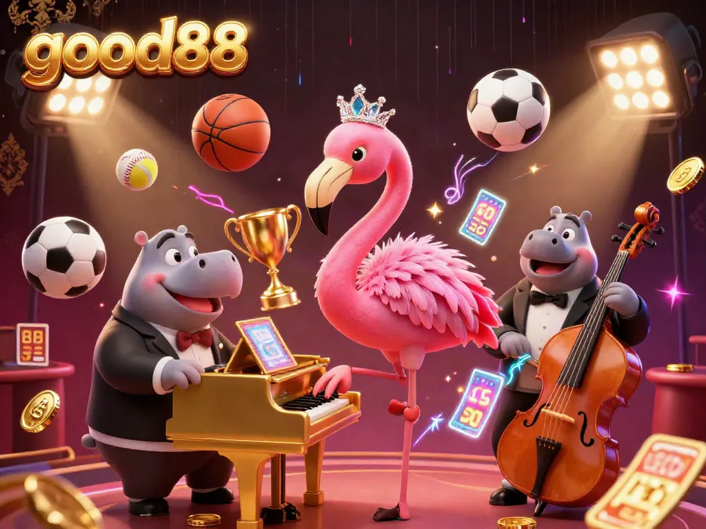 Witness the vibrant good88 casino scene with dynamic games and a lively atmosphere, showcasing a flamingo singer and hippo bassist in dazzling detail.