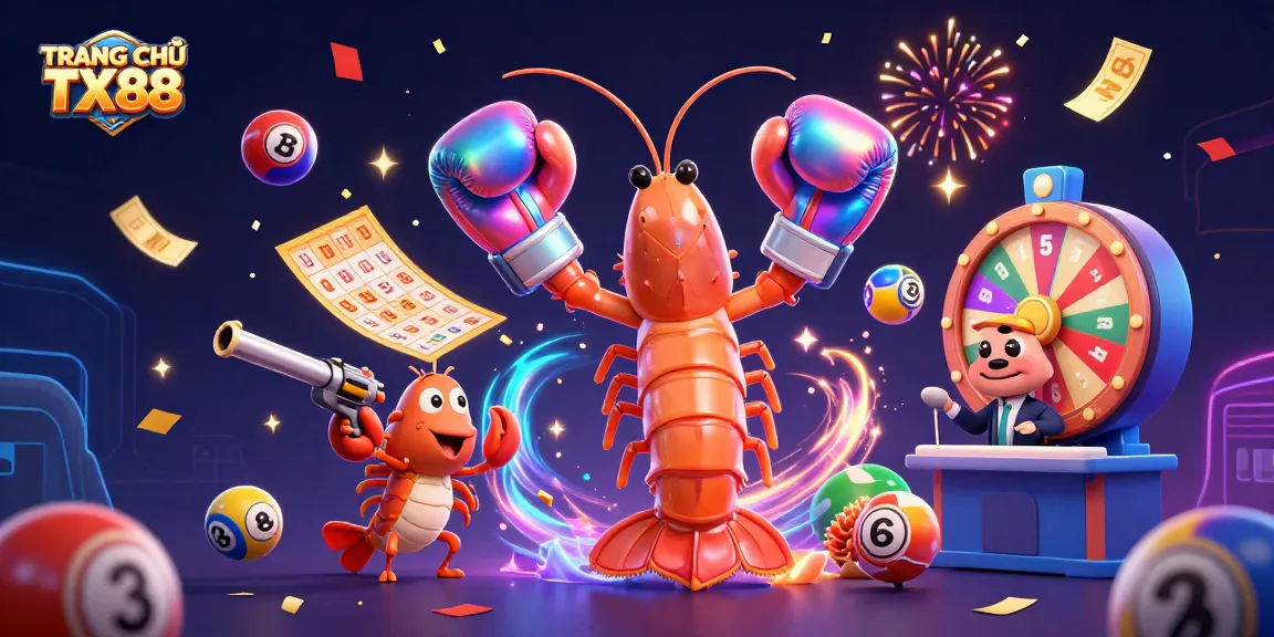 Engaging TRANG CHỦ TX88 scene with characters celebrating a lottery win among vibrant game elements.