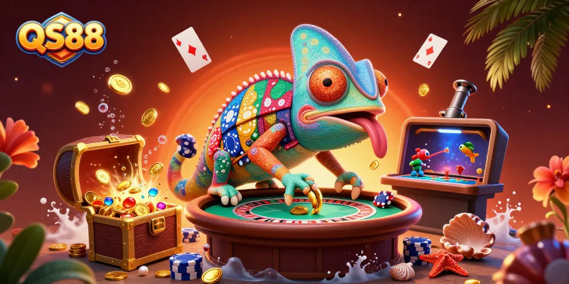 Experience the thrill of QS88 as the chameleon casino owner captures golden coins in a vibrant gaming world.